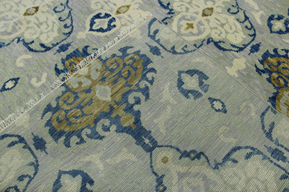 Transitional Ikat Design hand-knotted wool rug in Blue & Gray, full view