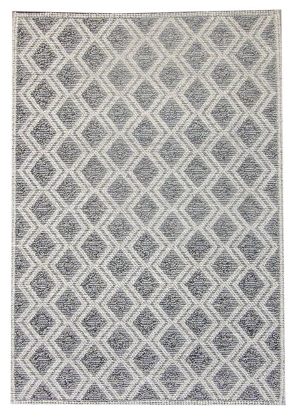 Natural braided geometric hand-knotted wool rug in black and beige, full view