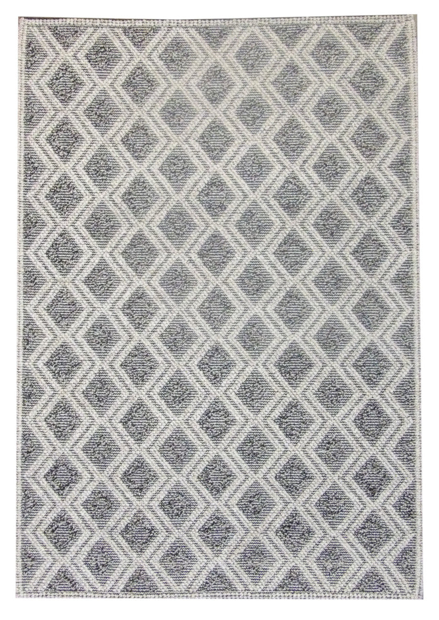 Natural braided geometric hand-knotted wool rug in black and beige, full view