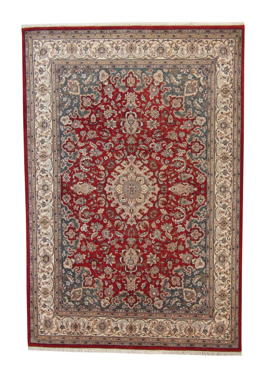Traditional Fine Tabriz hand-knotted wool rug in Beige & Red, full view