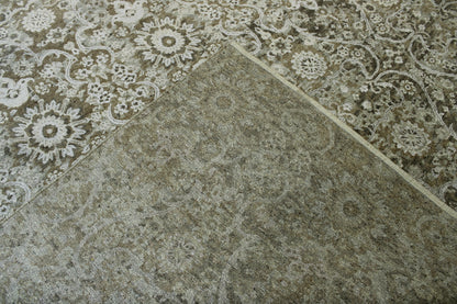Transitional Abstract Broken Design hand-knotted wool-silk rug in Blue & Brown, full view