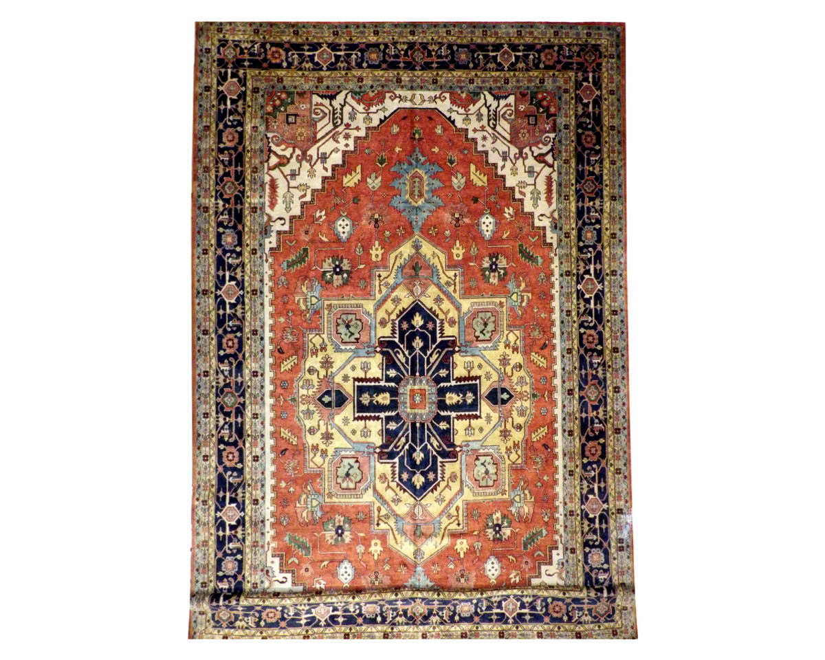 Palatial tribal Sherapi hand-knotted wool rug in blue and rust, full view