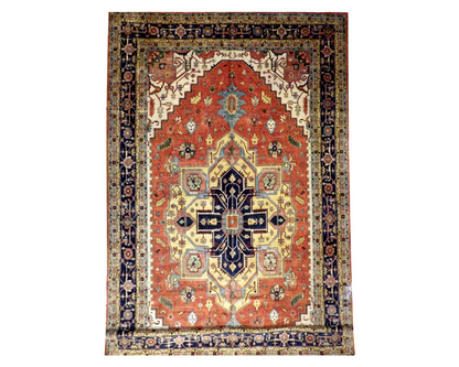Palatial tribal Sherapi hand-knotted wool rug in blue and rust, full view