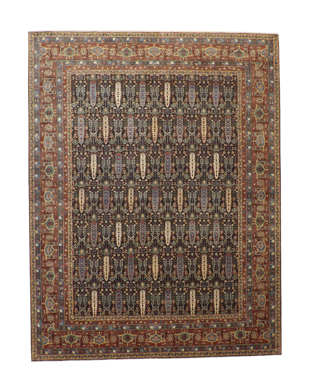 Traditional Fine Haji Jalili hand-knotted wool rug in Blue & Rust, full view