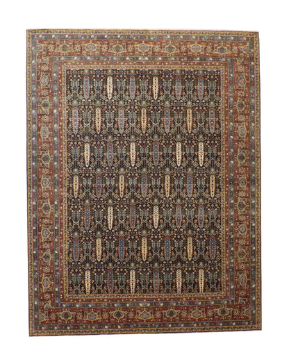 Traditional Fine Haji Jalili hand-knotted wool rug in Blue & Rust, full view