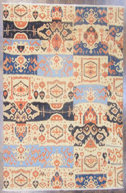 Ikat hand-knotted wool rug in Black & Multi-Color, full view