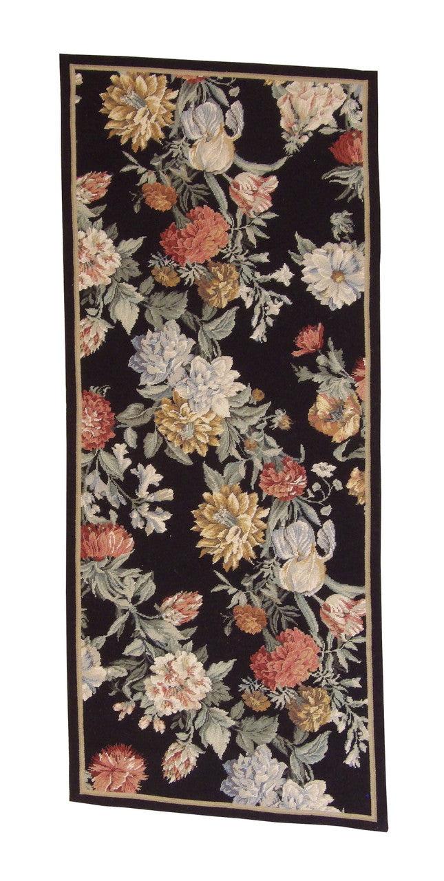 Transitional Antique Floral Needlepoint hand-knotted wool rug in Black, full view