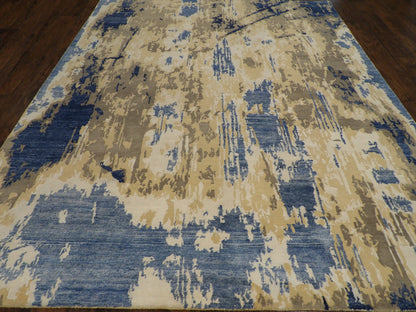 Close-up of wool-silk pile, Blue & Beige rug