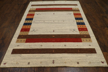 Close-up of wool pile, beige and red rug