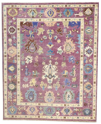 Turkish Oushak hand-knotted wool rug in purple, full view