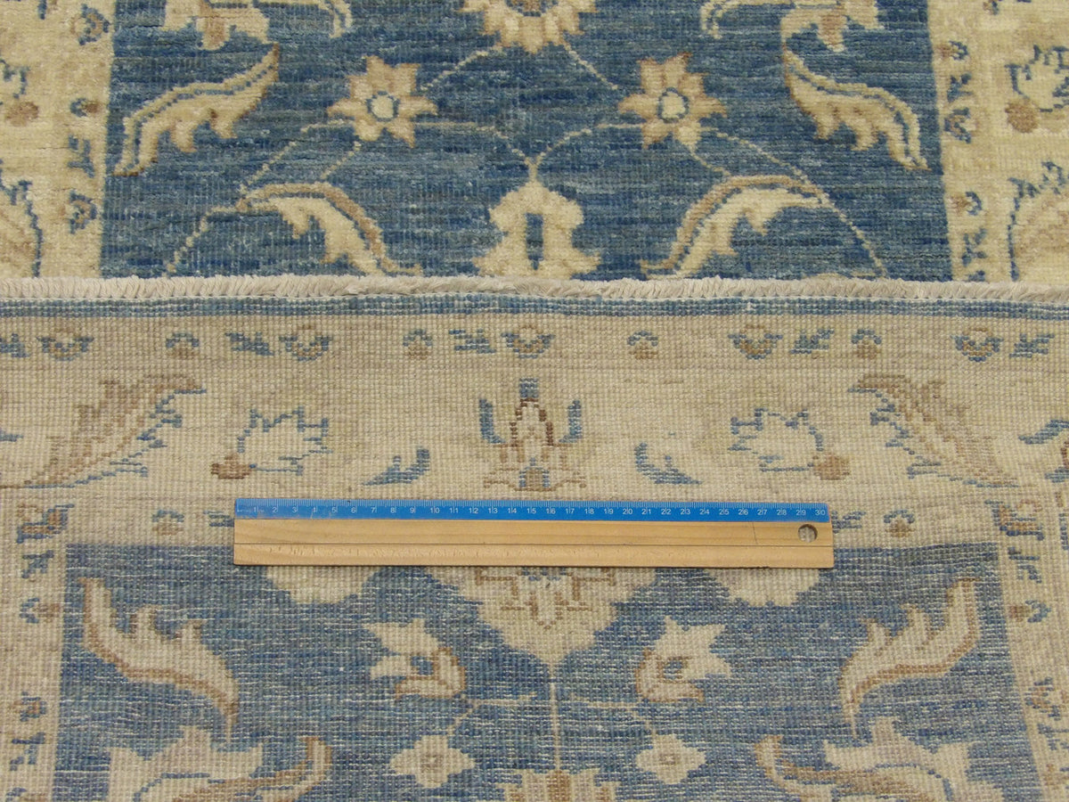 Blue and beige Oushak runner in hallway setting