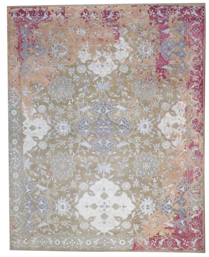 Vintage erase design hand-knotted wool rug in gold and red, full view