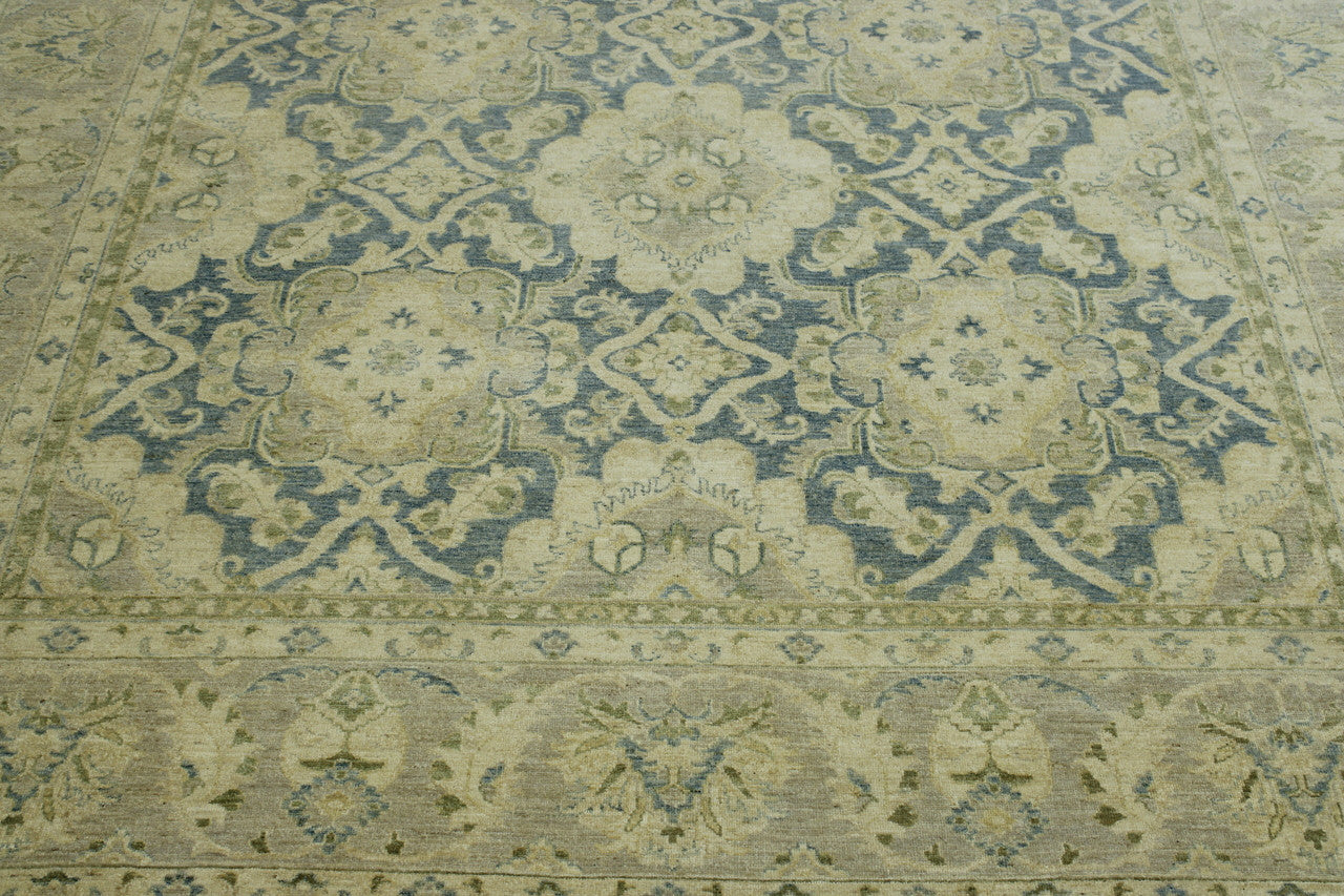 Oushak Chobi hand-knotted wool rug in Blue & Beige, full view