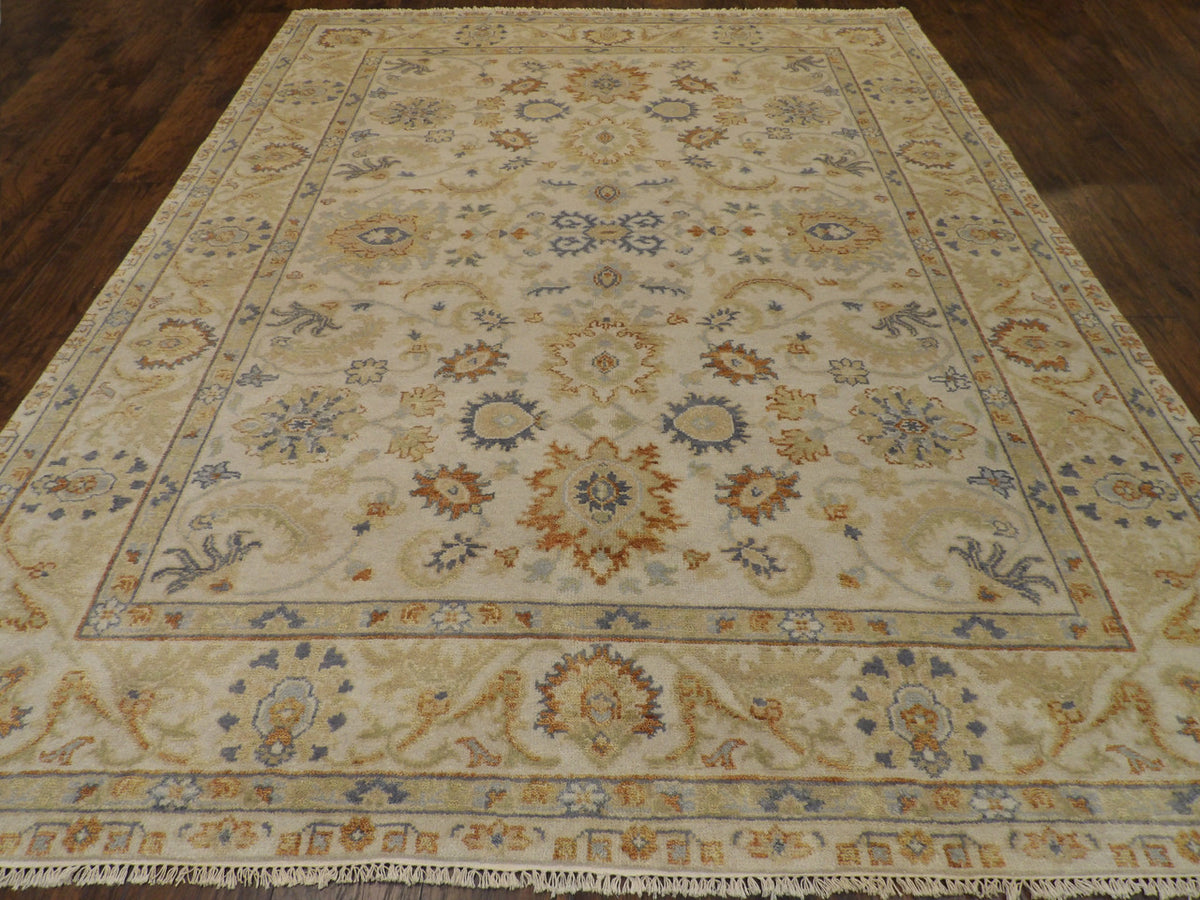 Back of hand-knotted Turkish Oushak rug showing construction