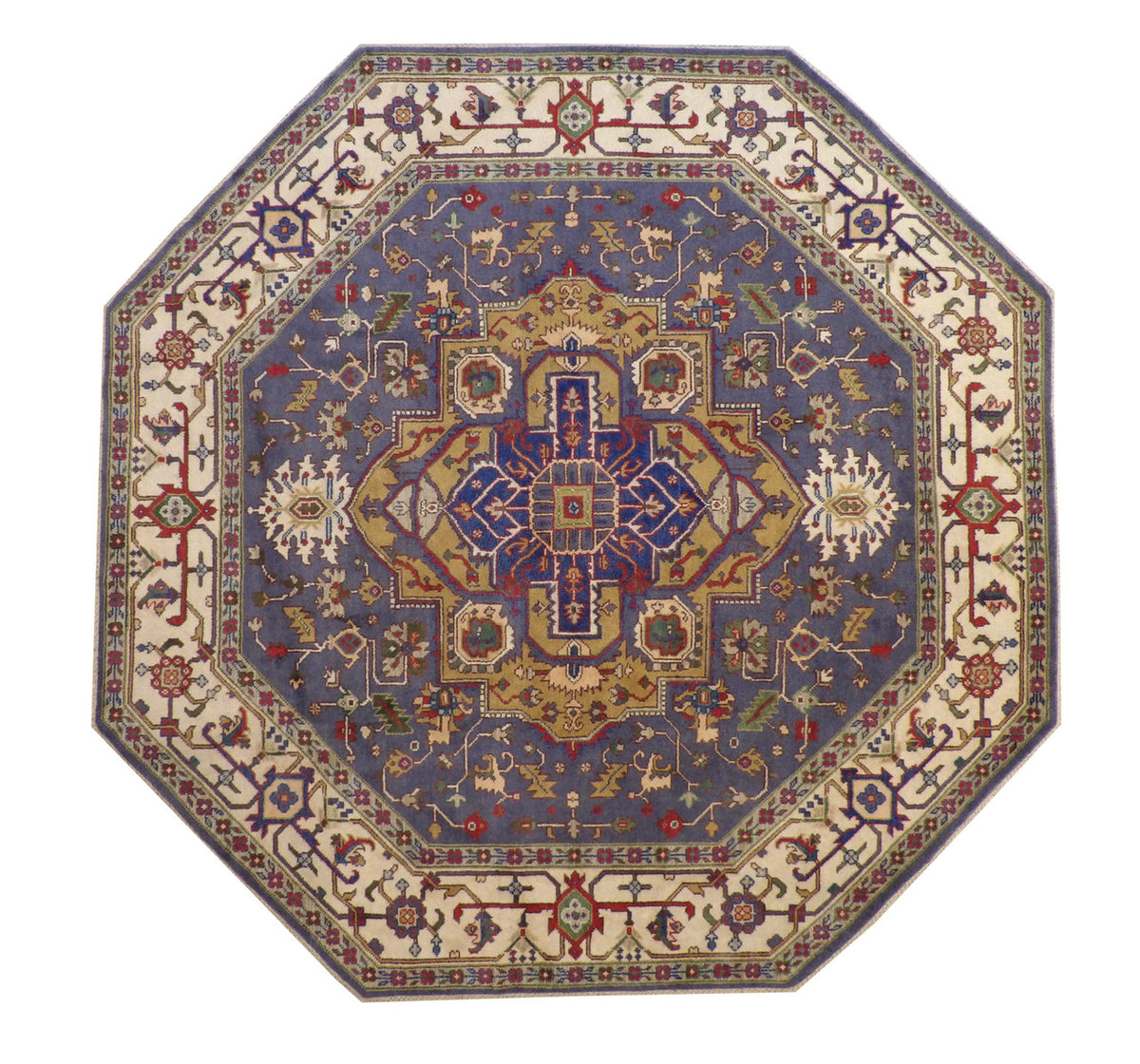 Tribal Indo Heriz hand-knotted wool rug in Blue & Beige, full view