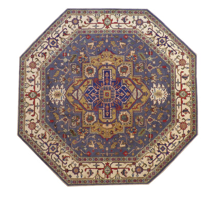 Tribal Indo Heriz hand-knotted wool rug in Blue & Beige, full view