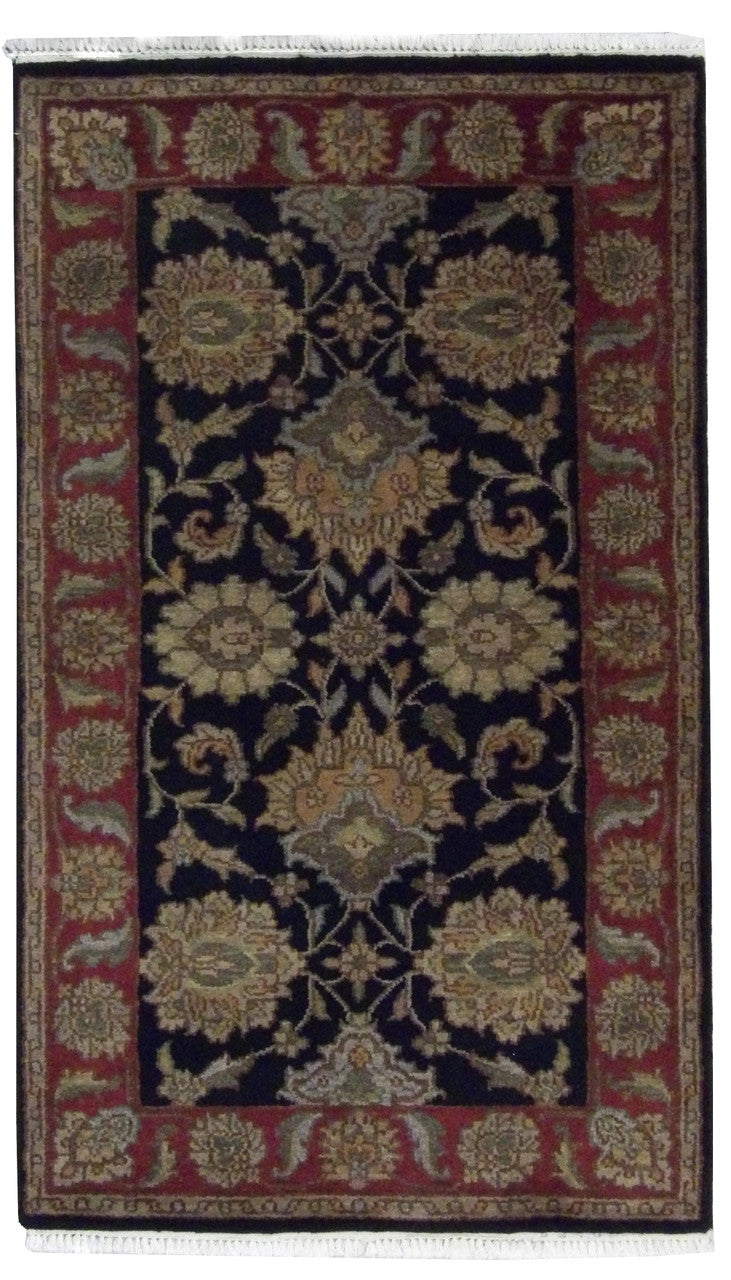 Kashan Jaipur hand-knotted wool rug in Black & Red, full view