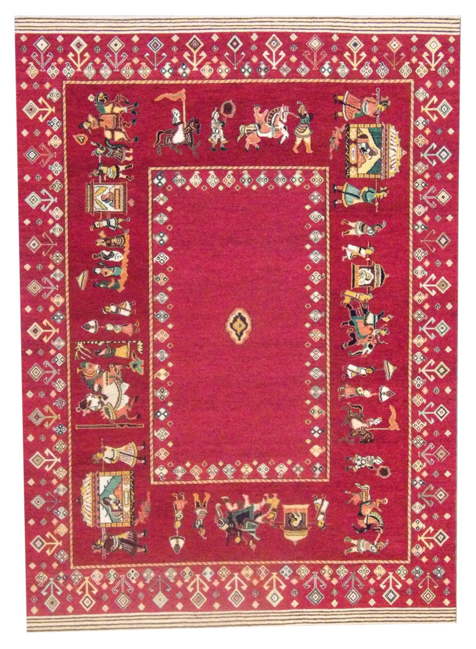 Tribal modern Gabbeh Mughal hand-knotted wool rug in beige and red, full view