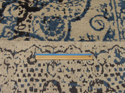 Blue & Gray Transitional Broken Design High Low Carved rug in room setting