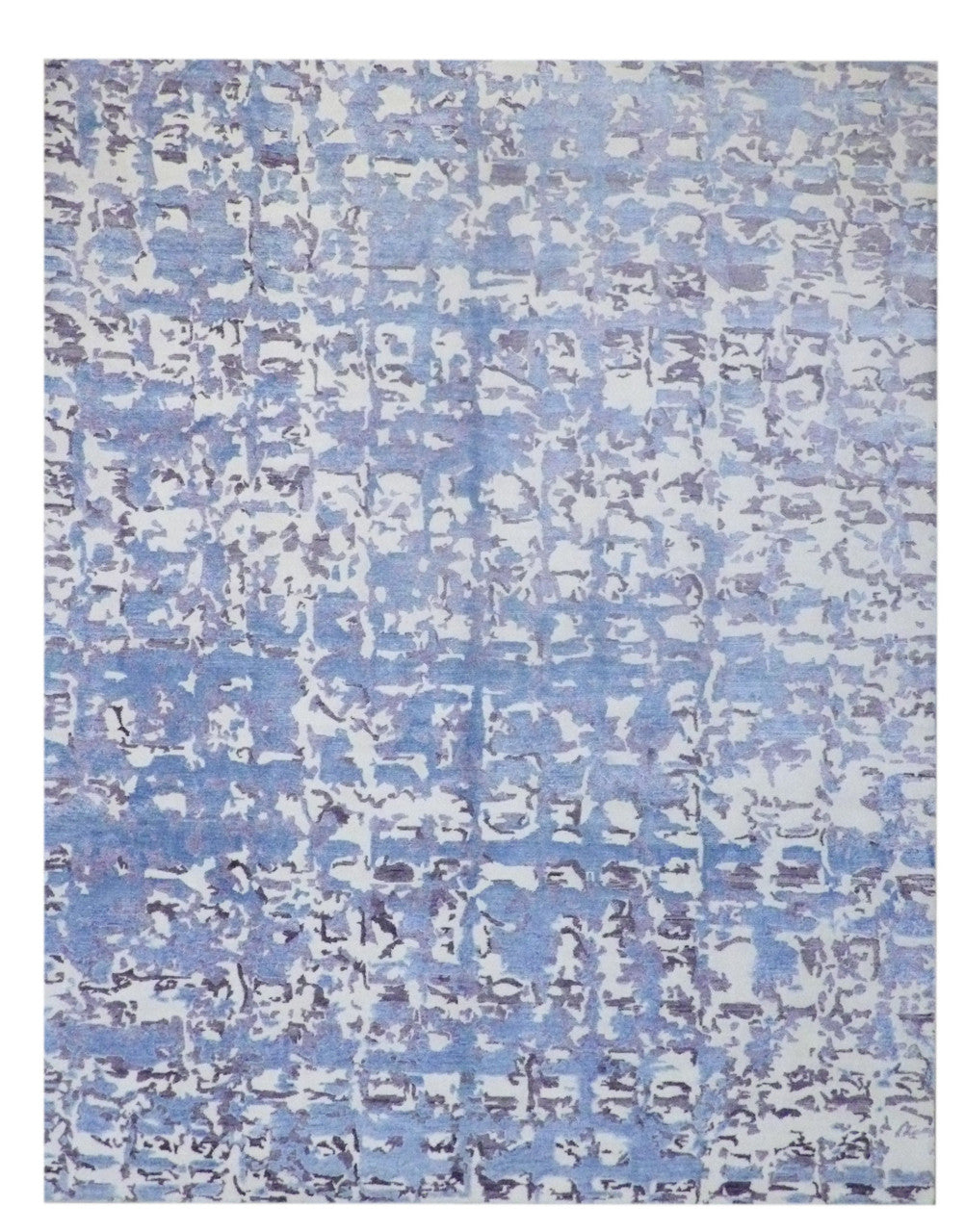 Transitional abstract carved hand-knotted wool-silk rug in blue and white, full view
