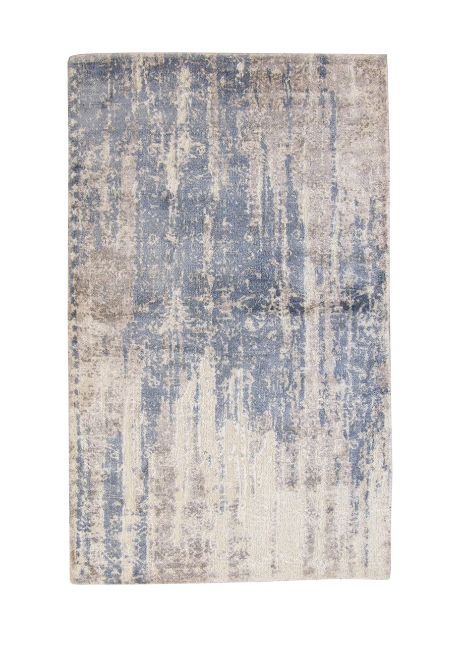 Modern Abstract High Low hand-knotted wool-silk rug in Blue & Gray, full view