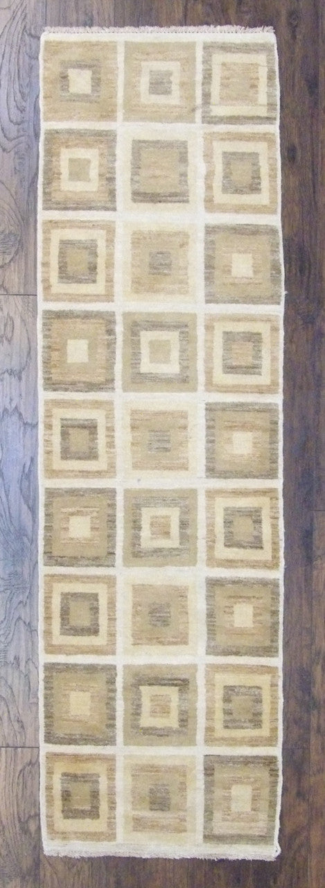 Modern Gabbeh hand-knotted wool runner in brown and beige, full view