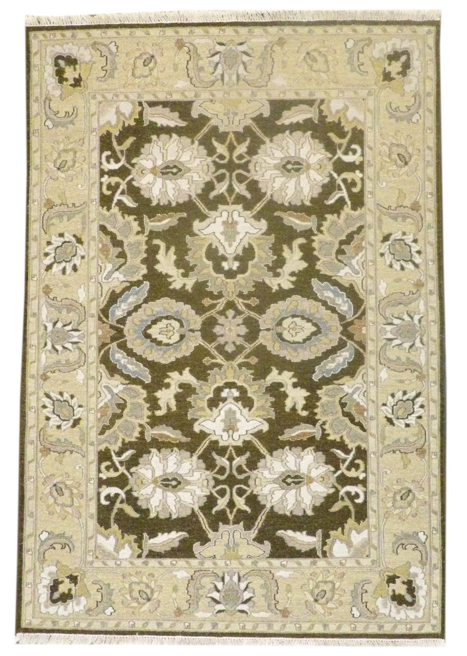 Tribal flat-weave Soumak hand-knotted wool rug in brown and beige, full view