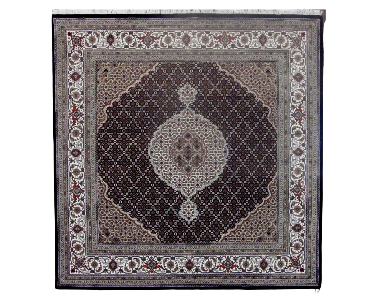 Fine Persian Mahi Tabriz hand-knotted wool-silk rug in Black & Beige, full view