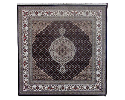 Fine Persian Mahi Tabriz hand-knotted wool-silk rug in Black & Beige, full view