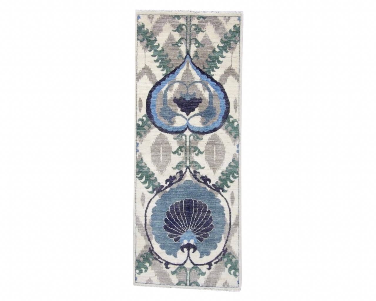 Mamluk design hand-knotted wool runner in blue and ivory, full view