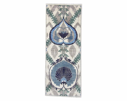 Mamluk design hand-knotted wool runner in blue and ivory, full view