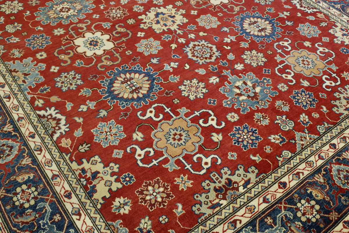 Blue & Red Tribal Super Kazak rug in room setting