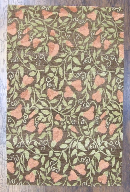 Transitional Tibetan Pear Design hand-knotted wool-silk rug in Brown & Rust, full view