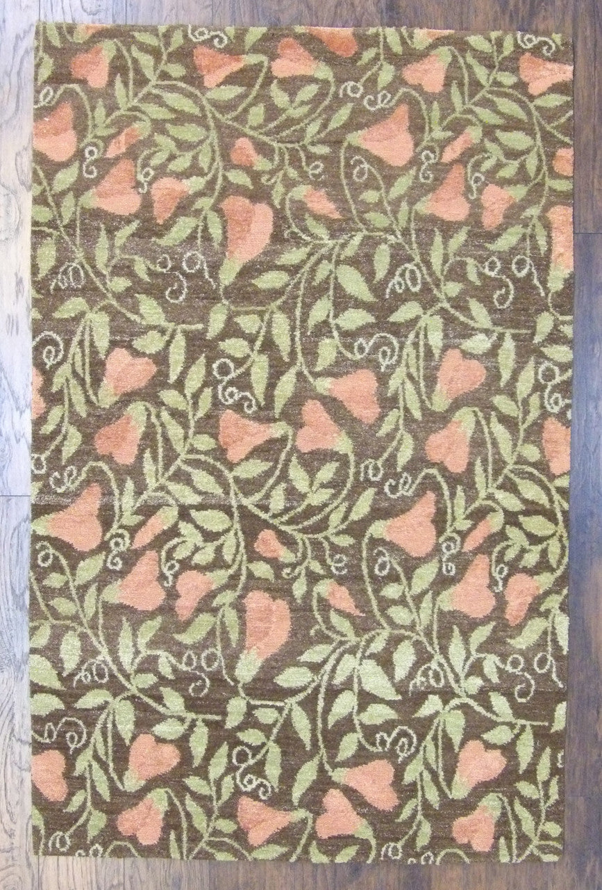 Transitional Tibetan Pear Design hand-knotted wool-silk rug in Brown & Rust, full view