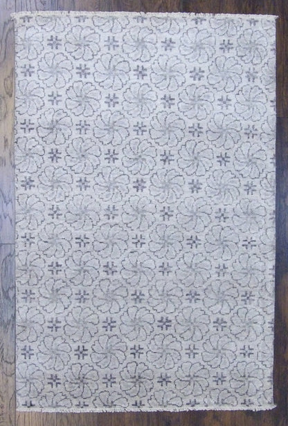 Transitional Rose Design hand-knotted silk rug in Gray & Purple, full view