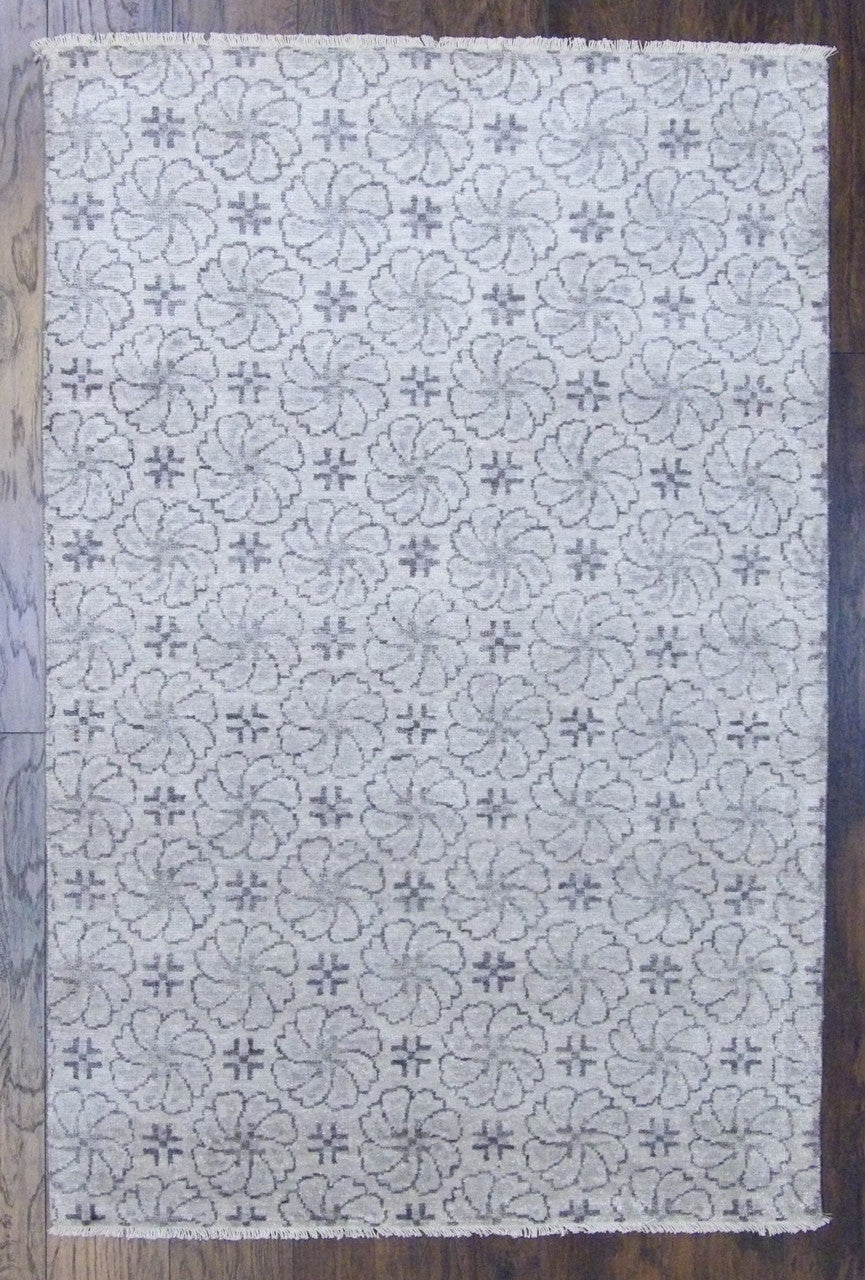 Transitional Rose Design hand-knotted silk rug in Gray & Purple, full view