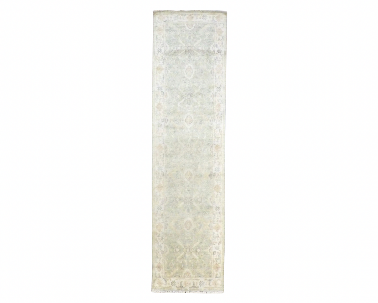 Turkish Oushak wash hand-knotted wool runner in beige and green, full view
