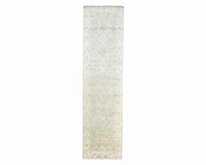 Turkish Oushak wash hand-knotted wool runner in beige and green, full view