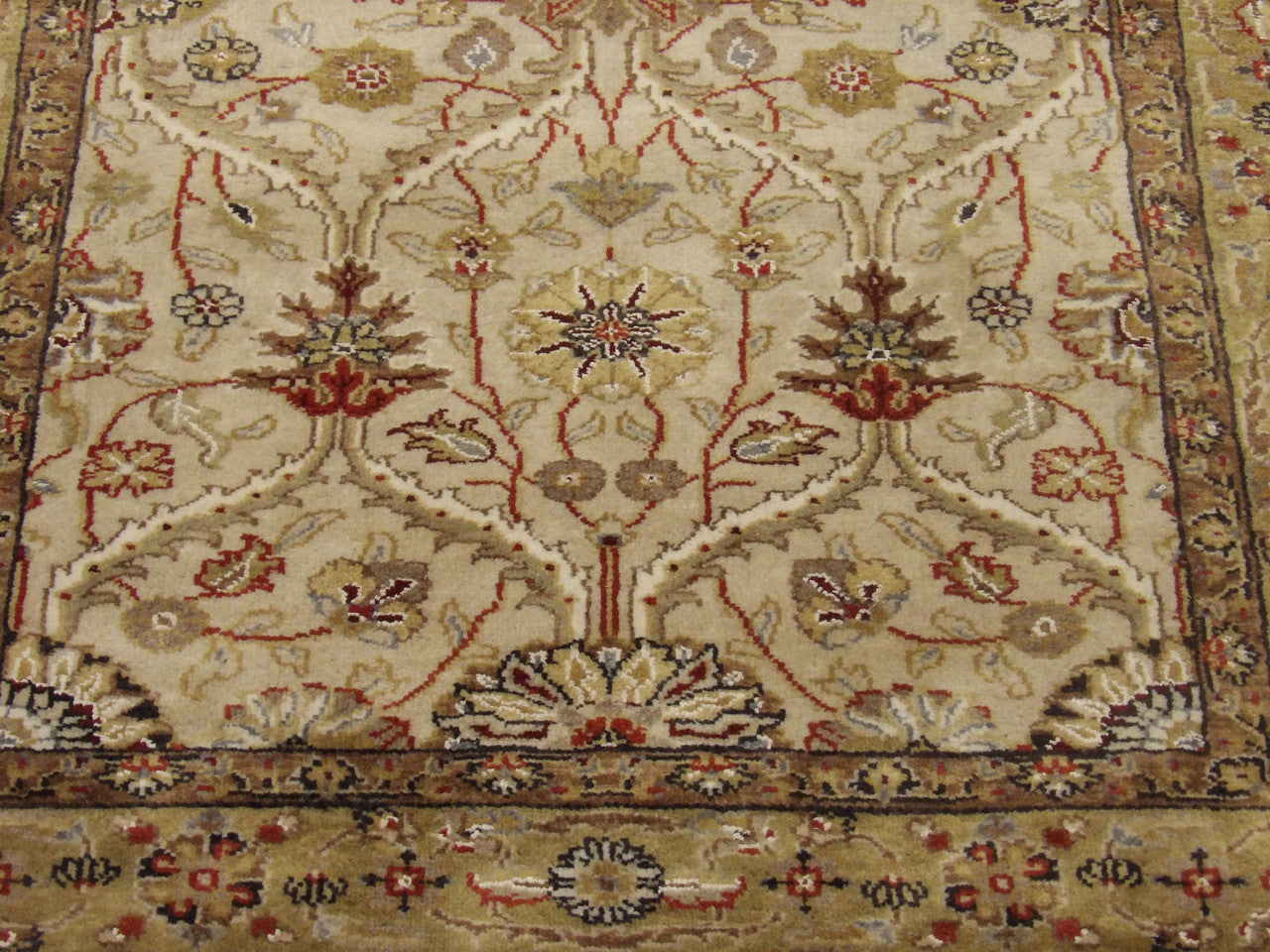 Back of hand-knotted Persian Kashan rug showing construction