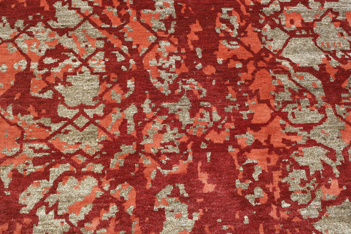 Close-up of wool-silk pile, Red & Rust rug