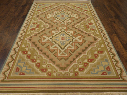 Close-up of wool pile, Green & Beige rug