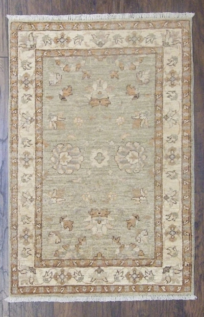 Oushak Chobi Natural Dye hand-knotted wool rug in Green & Beige, full view