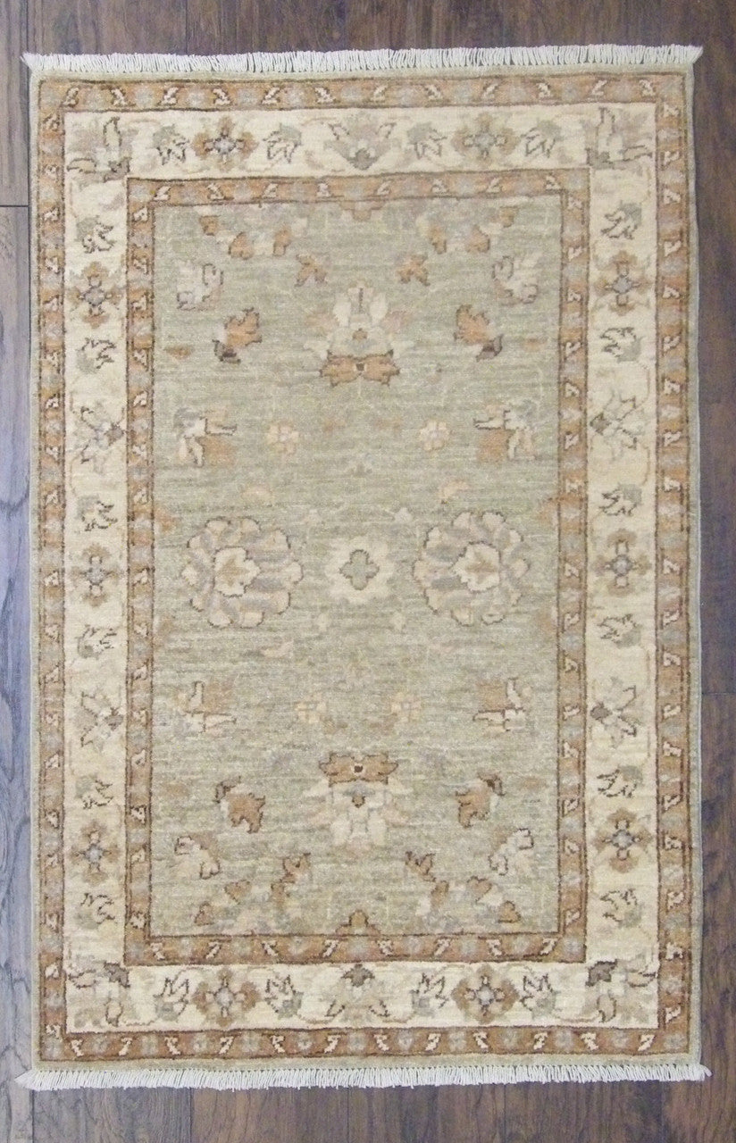 Oushak Chobi Natural Dye hand-knotted wool rug in Green & Beige, full view