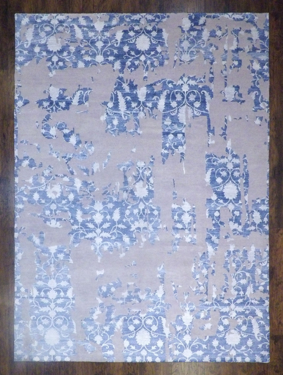 Modern abstract broken design hand-knotted wool-silk rug in blue and white, oversized 10x14, full view