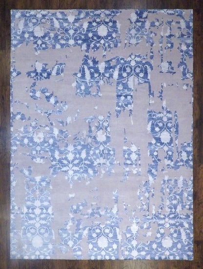 Modern abstract broken design hand-knotted wool-silk rug in blue and white, oversized 10x14, full view