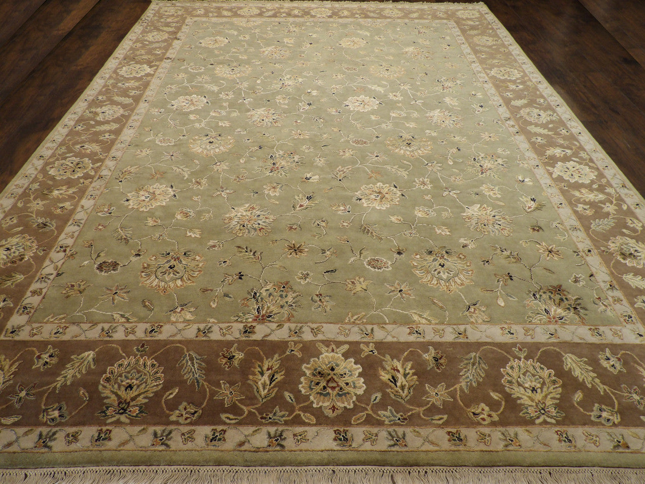 Back of hand-knotted Jaipur Kashan rug showing construction