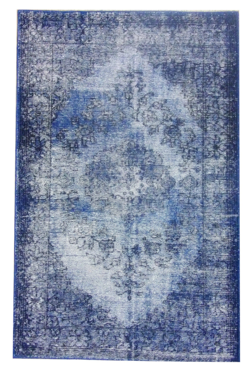 Over Dye Vintage Persian Kerman Design hand-knotted wool rug in Blue, full view