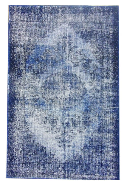 Over Dye Vintage Persian Kerman Design hand-knotted wool rug in Blue, full view