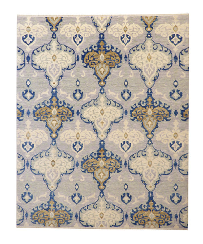 Transitional Ikat Design hand-knotted wool rug in Blue & Gray, full view
