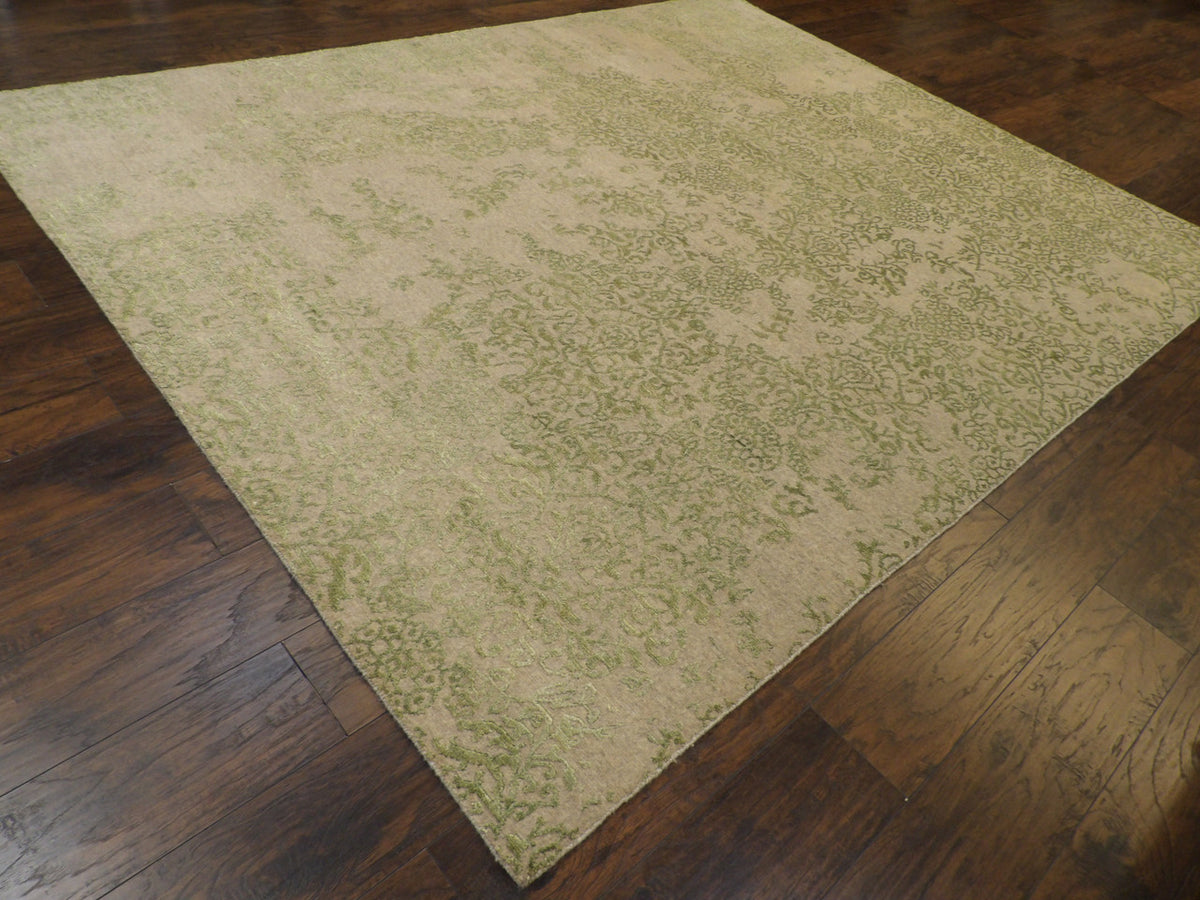 Abstract broken pattern detail, green and gray hand-knotted rug